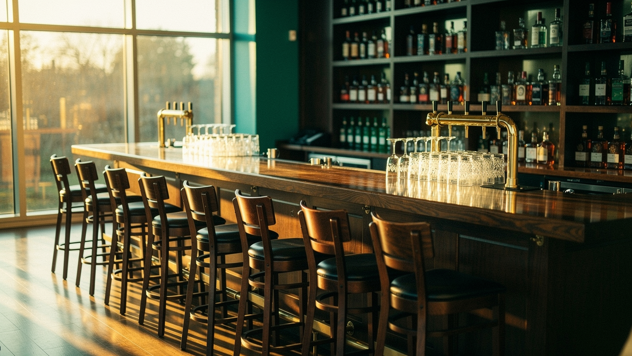Empty bar interior bathed in afternoon golden-hour light, barstools freshly arranged